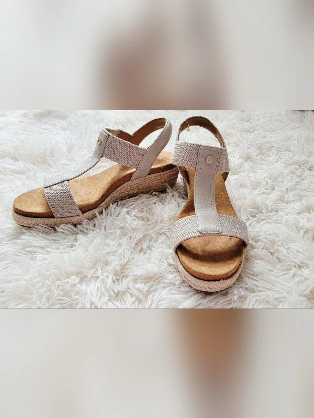 New Hush Puppies Neutral Woven T-Strap Wedge Sandals - Women
